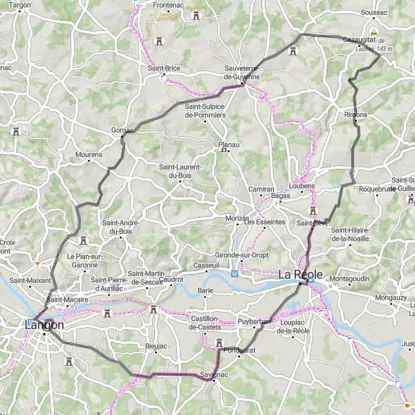 Miniatua del mapa de inspiración ciclista "Ruta panorámica por carretera en los alrededores de Langon" en Aquitaine, France. Generado por Tarmacs.app planificador de rutas ciclistas
