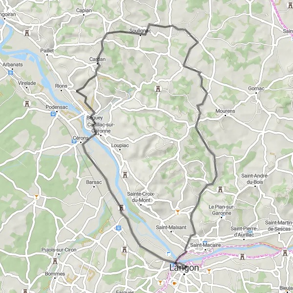Map miniature of "Les Grands Crus Route" cycling inspiration in Aquitaine, France. Generated by Tarmacs.app cycling route planner