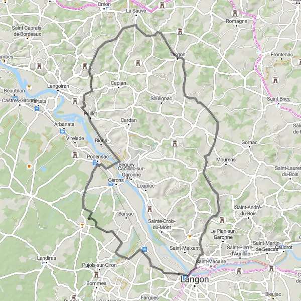 Miniatua del mapa de inspiración ciclista "Ruta de ciclismo de ida y vuelta de Château de Malle a Croix de Bord" en Aquitaine, France. Generado por Tarmacs.app planificador de rutas ciclistas