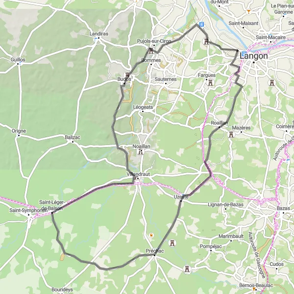 Miniature de la carte de l'inspiration cycliste "La Boucle des Landes Girondines" dans la Aquitaine, France. Générée par le planificateur d'itinéraire cycliste Tarmacs.app