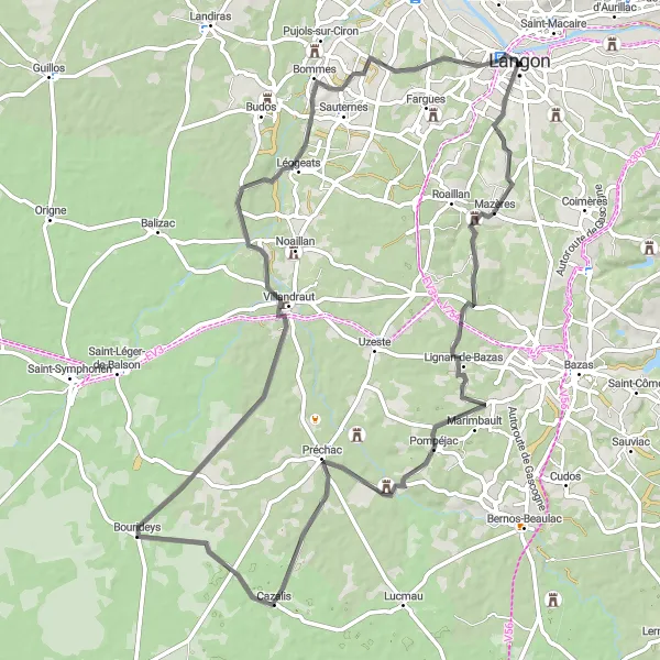 Miniatua del mapa de inspiración ciclista "Ruta de ciclismo de ida y vuelta de Le Nizan a Langon" en Aquitaine, France. Generado por Tarmacs.app planificador de rutas ciclistas