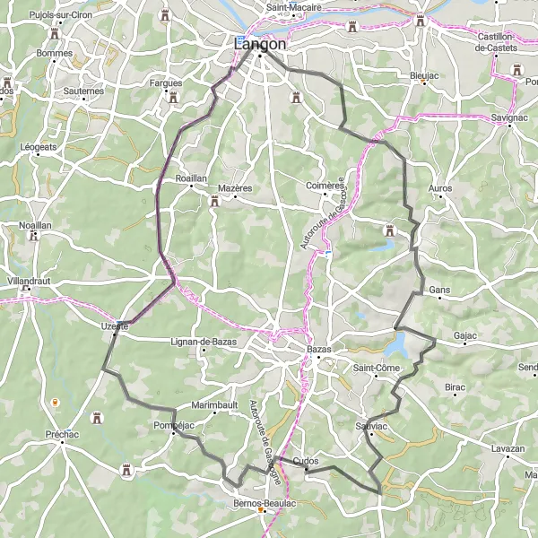 Map miniature of "Toulenne to Saint-Pierre-de-Mons Loop" cycling inspiration in Aquitaine, France. Generated by Tarmacs.app cycling route planner