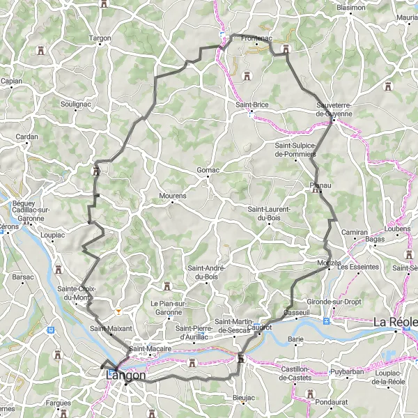 Miniature de la carte de l'inspiration cycliste "Le Circuit des Châteaux Médiévaux" dans la Aquitaine, France. Générée par le planificateur d'itinéraire cycliste Tarmacs.app