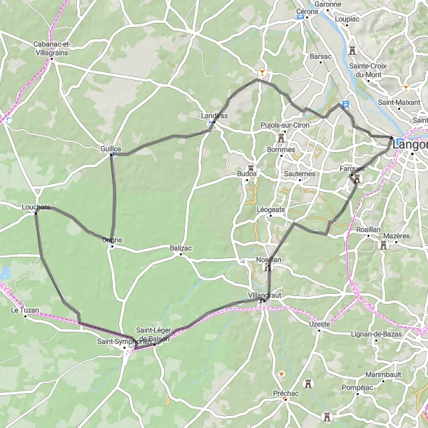 Miniature de la carte de l'inspiration cycliste "Le Tour des Châteaux Aquitains" dans la Aquitaine, France. Générée par le planificateur d'itinéraire cycliste Tarmacs.app