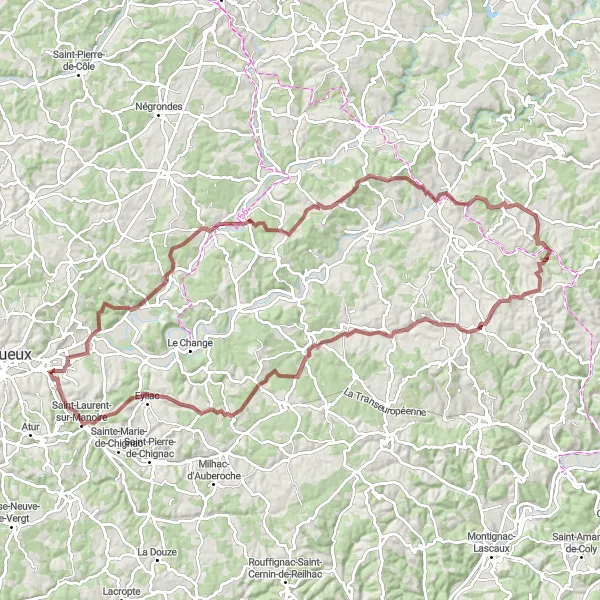 Miniature de la carte de l'inspiration cycliste "Le Tour des Collines Périgourdines" dans la Aquitaine, France. Générée par le planificateur d'itinéraire cycliste Tarmacs.app