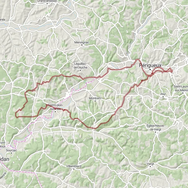 Miniatua del mapa de inspiración ciclista "Ruta de gravilla pasando por Château de Leyzarnie y Chez Pradoux" en Aquitaine, France. Generado por Tarmacs.app planificador de rutas ciclistas