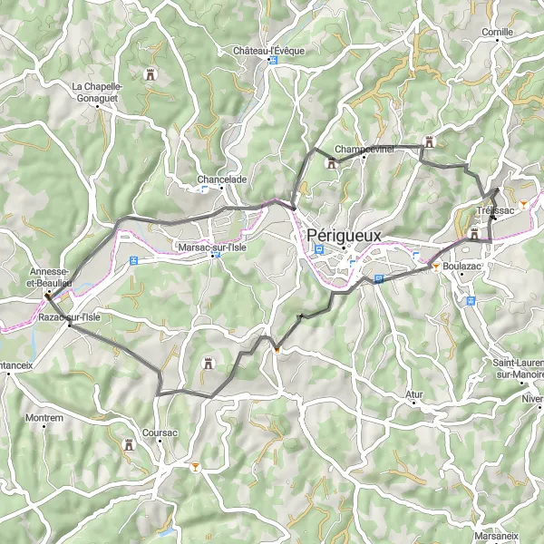 Map miniature of "Trélissac to Champcevinel Ride" cycling inspiration in Aquitaine, France. Generated by Tarmacs.app cycling route planner