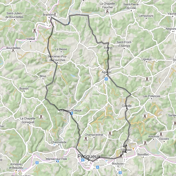 Map miniature of "Château-l'Évêque and Eyvirat Circuit" cycling inspiration in Aquitaine, France. Generated by Tarmacs.app cycling route planner