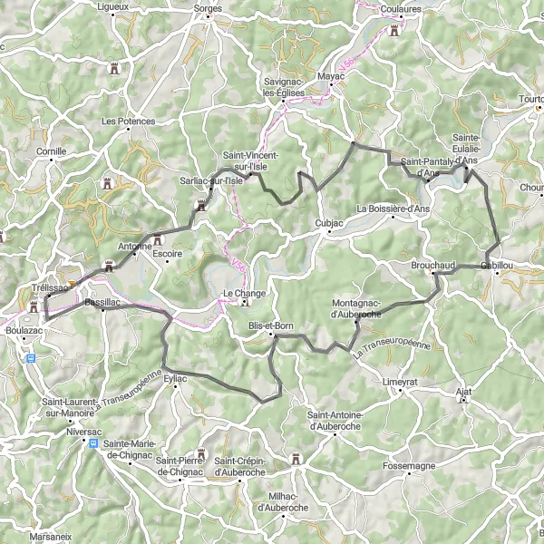 Miniature de la carte de l'inspiration cycliste "Parcours Route à Trélissac et ses alentours" dans la Aquitaine, France. Générée par le planificateur d'itinéraire cycliste Tarmacs.app