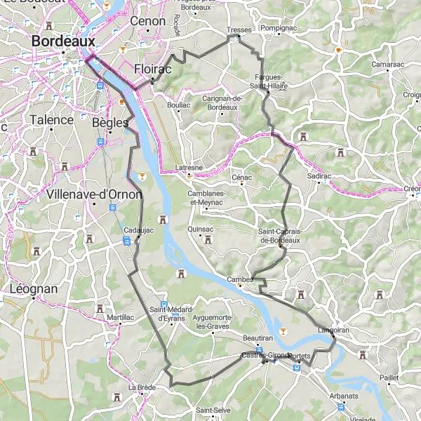 Miniature de la carte de l'inspiration cycliste "Boucle à vélo route depuis Tresses" dans la Aquitaine, France. Générée par le planificateur d'itinéraire cycliste Tarmacs.app