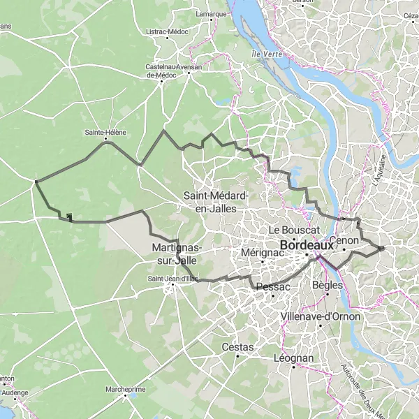 Miniatua del mapa de inspiración ciclista "Ruta de ciclismo desde Tresses a través de sitios emblemáticos de Aquitaine" en Aquitaine, France. Generado por Tarmacs.app planificador de rutas ciclistas