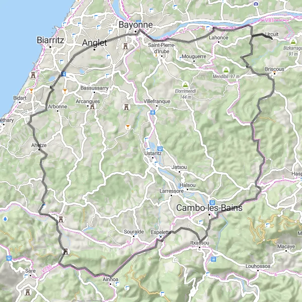 Miniature de la carte de l'inspiration cycliste "L'ascension des Pyrénées Basques" dans la Aquitaine, France. Générée par le planificateur d'itinéraire cycliste Tarmacs.app