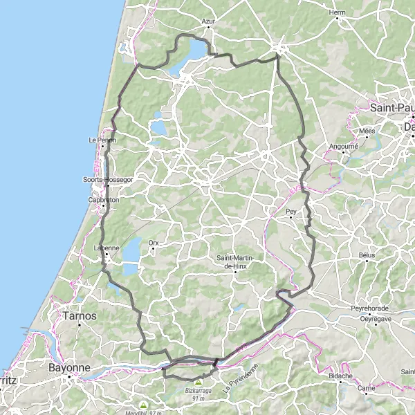 Miniature de la carte de l'inspiration cycliste "Tour des châteaux du Pays de Seignanx" dans la Aquitaine, France. Générée par le planificateur d'itinéraire cycliste Tarmacs.app