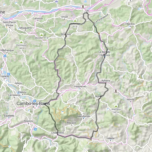 Miniature de la carte de l'inspiration cycliste "Les collines verdoyantes de l'Aquitaine" dans la Aquitaine, France. Générée par le planificateur d'itinéraire cycliste Tarmacs.app