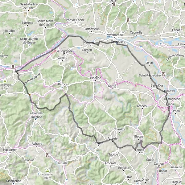Miniature de la carte de l'inspiration cycliste "Exploration des terres basques" dans la Aquitaine, France. Générée par le planificateur d'itinéraire cycliste Tarmacs.app