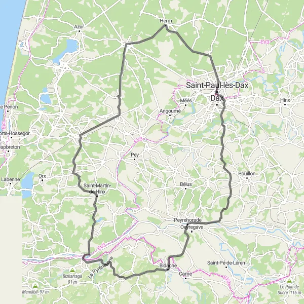 Miniature de la carte de l'inspiration cycliste "Parcours à vélo à Urt et environs" dans la Aquitaine, France. Générée par le planificateur d'itinéraire cycliste Tarmacs.app