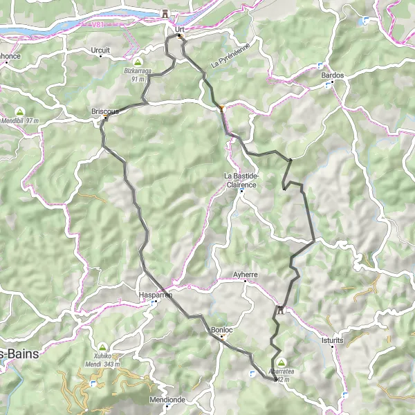 Miniatua del mapa de inspiración ciclista "Ruta de Urt al Adour - Château de Montpellier" en Aquitaine, France. Generado por Tarmacs.app planificador de rutas ciclistas