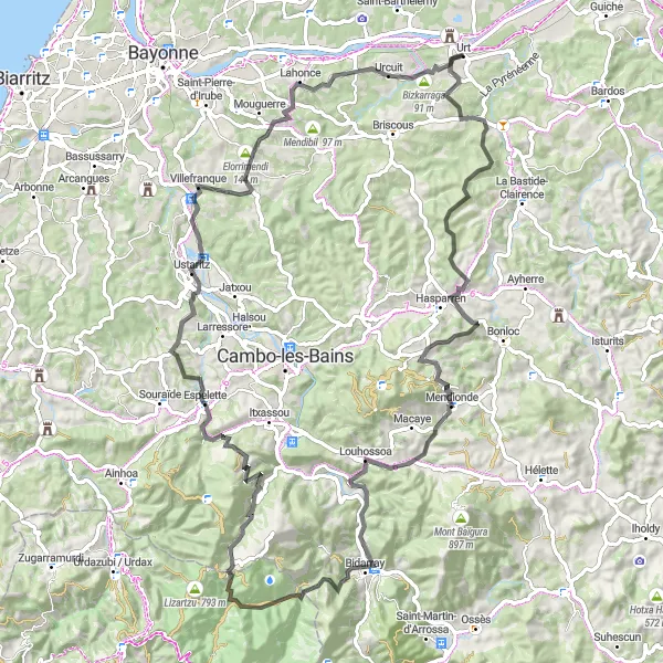 Map miniature of "Challenge Yourself on Tour de Aquitaine" cycling inspiration in Aquitaine, France. Generated by Tarmacs.app cycling route planner