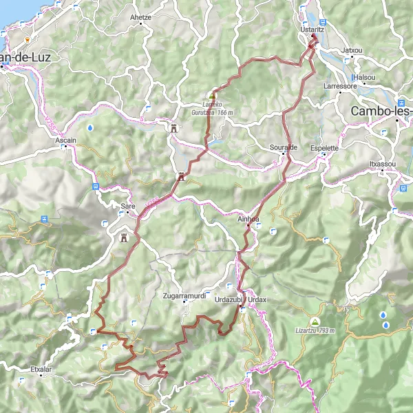 Miniatua del mapa de inspiración ciclista "Ruta de Ustaritz a Orizki (grava)" en Aquitaine, France. Generado por Tarmacs.app planificador de rutas ciclistas