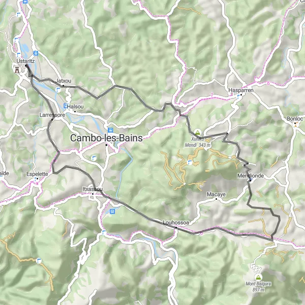 Map miniature of "Ustaritz Loop with Stunning Views" cycling inspiration in Aquitaine, France. Generated by Tarmacs.app cycling route planner