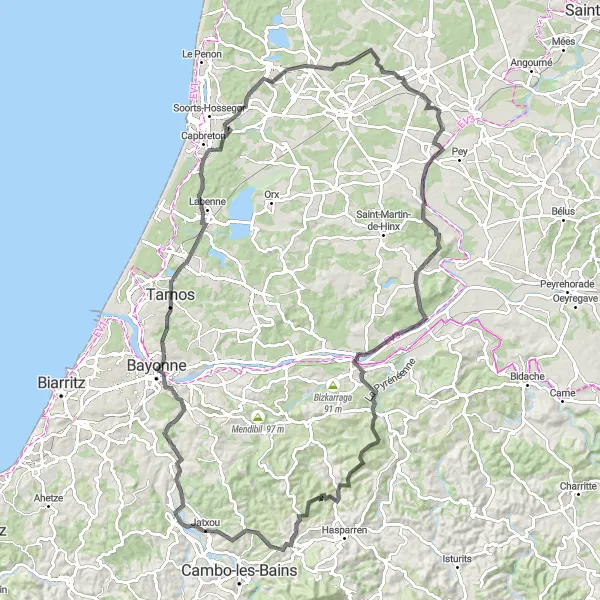 Miniatua del mapa de inspiración ciclista "Atravesando Tarnos y Tosse" en Aquitaine, France. Generado por Tarmacs.app planificador de rutas ciclistas