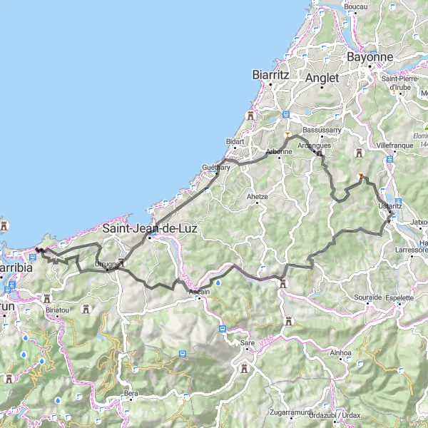 Map miniature of "The Beauty of Ustaritz" cycling inspiration in Aquitaine, France. Generated by Tarmacs.app cycling route planner