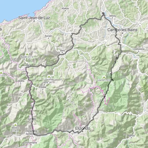 Map miniature of "Ustaritz to Bera: A Journey through Time" cycling inspiration in Aquitaine, France. Generated by Tarmacs.app cycling route planner