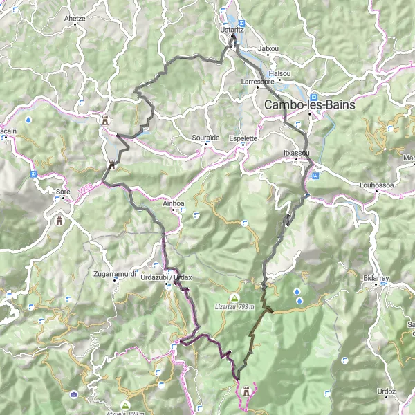 Map miniature of "Ustaritz - Agerre Climb" cycling inspiration in Aquitaine, France. Generated by Tarmacs.app cycling route planner