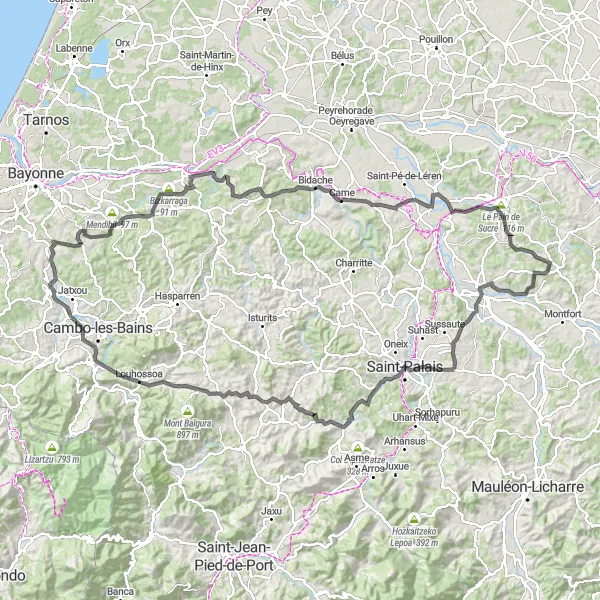 Miniature de la carte de l'inspiration cycliste "Parcours à vélo de route autour d'Ustaritz" dans la Aquitaine, France. Générée par le planificateur d'itinéraire cycliste Tarmacs.app