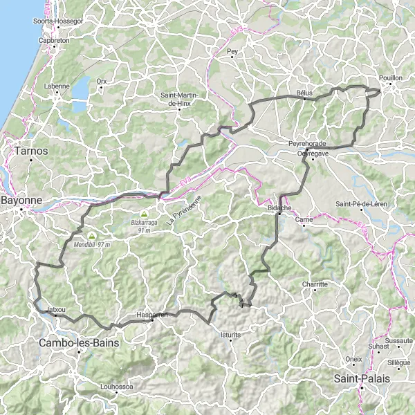 Map miniature of "Ustaritz to Villefranque and Back" cycling inspiration in Aquitaine, France. Generated by Tarmacs.app cycling route planner