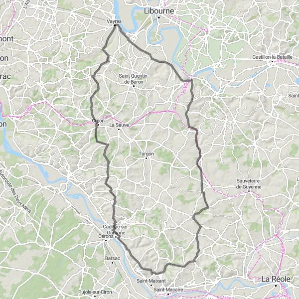 Map miniature of "The Hills and Valleys of Génissac" cycling inspiration in Aquitaine, France. Generated by Tarmacs.app cycling route planner