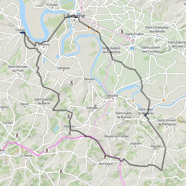 Map miniature of "The Vineyards and Chateaus of Libourne" cycling inspiration in Aquitaine, France. Generated by Tarmacs.app cycling route planner