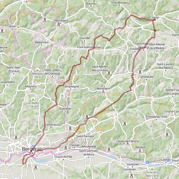 Map miniature of "Bergerac Gravel Adventure" cycling inspiration in Aquitaine, France. Generated by Tarmacs.app cycling route planner