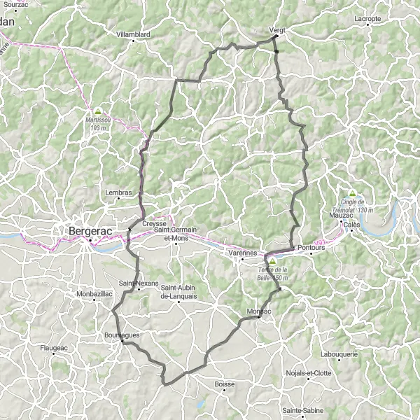 Map miniature of "Dordogne Valley Loop" cycling inspiration in Aquitaine, France. Generated by Tarmacs.app cycling route planner