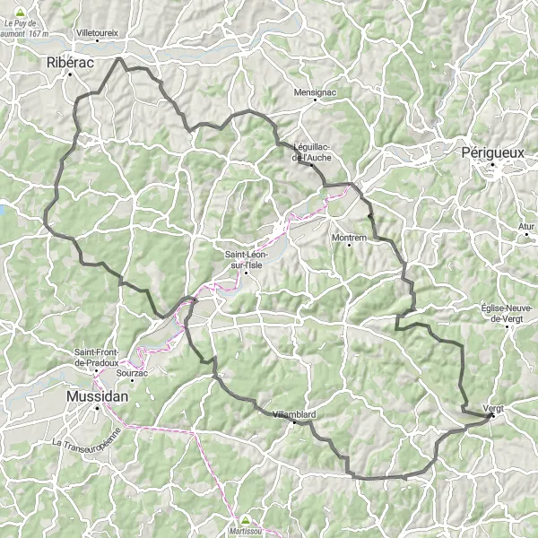 Map miniature of "Villamblard Loop Road Route" cycling inspiration in Aquitaine, France. Generated by Tarmacs.app cycling route planner