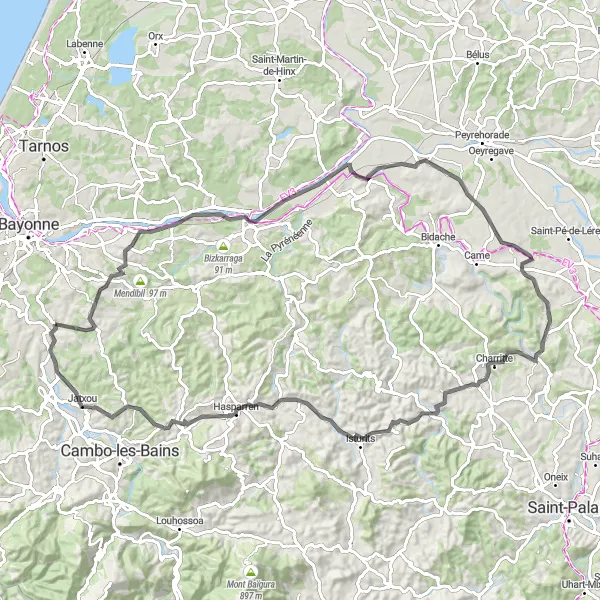 Map miniature of "The Valleys and Vistas of Aquitaine" cycling inspiration in Aquitaine, France. Generated by Tarmacs.app cycling route planner