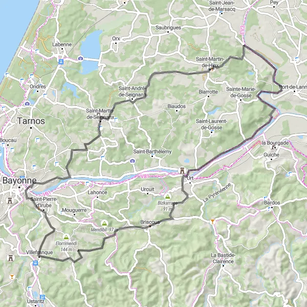 Miniature de la carte de l'inspiration cycliste "La boucle de Saint-Pierre-d'Irube" dans la Aquitaine, France. Générée par le planificateur d'itinéraire cycliste Tarmacs.app