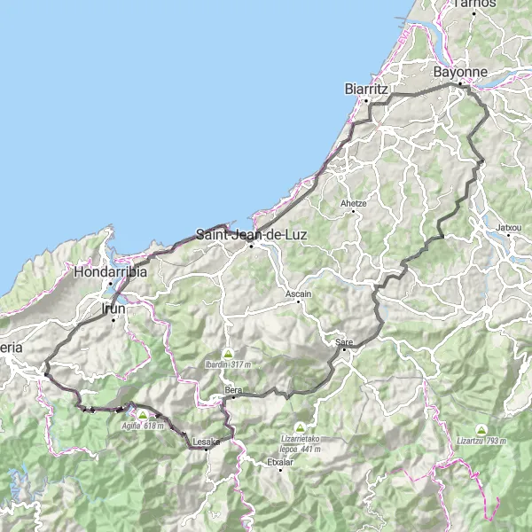 Map miniature of "Château de Saint-Pée-sur-Nivelle Circuit" cycling inspiration in Aquitaine, France. Generated by Tarmacs.app cycling route planner