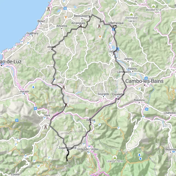 Miniature de la carte de l'inspiration cycliste "Itinéraire cycliste pittoresque près de Villefranque avec 1076m de dénivelé sur 67km" dans la Aquitaine, France. Générée par le planificateur d'itinéraire cycliste Tarmacs.app