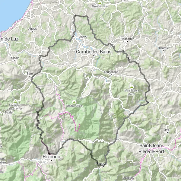 Miniature de la carte de l'inspiration cycliste "Tour panoramique vers Atxuelako lepoa et Zugarramurdi" dans la Aquitaine, France. Générée par le planificateur d'itinéraire cycliste Tarmacs.app