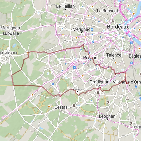 Miniatua del mapa de inspiración ciclista "Travesía en gravel a través de Pessac" en Aquitaine, France. Generado por Tarmacs.app planificador de rutas ciclistas