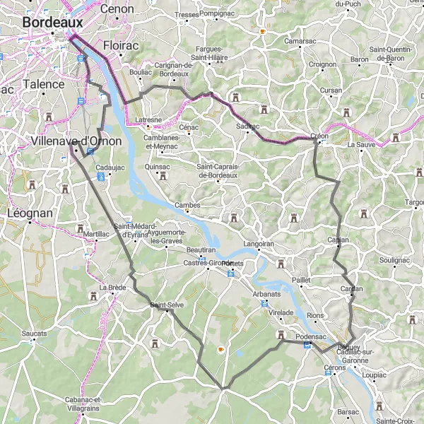 Miniature de la carte de l'inspiration cycliste "Boucle à vélo Bègles-Carignan-de-Bordeaux-Capian-Podensac-Saint-Michel-de-Rieufret-Villenave-d'Ornon" dans la Aquitaine, France. Générée par le planificateur d'itinéraire cycliste Tarmacs.app