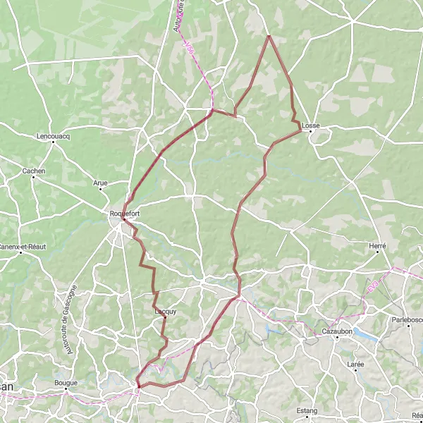 Map miniature of "Gravel Adventure from Villeneuve-de-Marsan to Lussolle" cycling inspiration in Aquitaine, France. Generated by Tarmacs.app cycling route planner