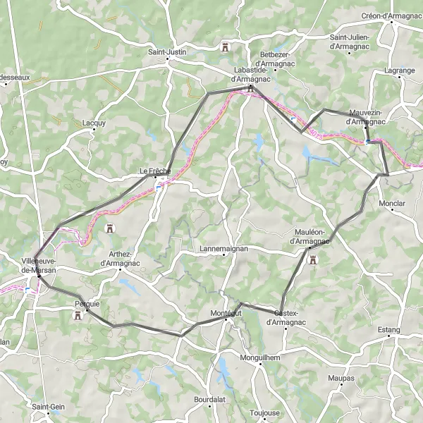 Miniatua del mapa de inspiración ciclista "Ruta de Ciclismo en Carretera por los Pueblos de Armagnac" en Aquitaine, France. Generado por Tarmacs.app planificador de rutas ciclistas