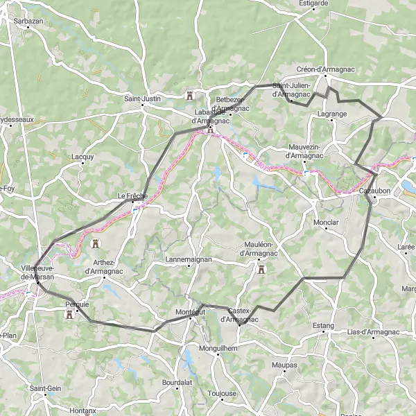 Map miniature of "Exploring Gers" cycling inspiration in Aquitaine, France. Generated by Tarmacs.app cycling route planner