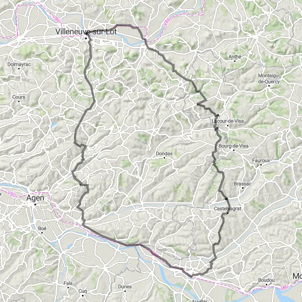 Miniatua del mapa de inspiración ciclista "Ruta Panorámica por Saint-Sylvestre-sur-Lot" en Aquitaine, France. Generado por Tarmacs.app planificador de rutas ciclistas
