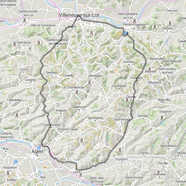 Miniature de la carte de l'inspiration cycliste "Itinéraire cyclable à la découverte de la vallée du Lot" dans la Aquitaine, France. Générée par le planificateur d'itinéraire cycliste Tarmacs.app