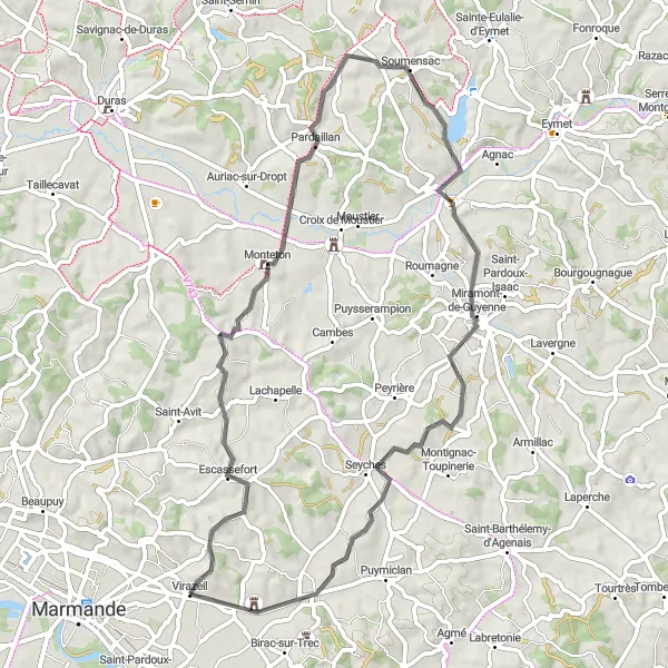 Map miniature of "Exploring the Countryside near Escassefort" cycling inspiration in Aquitaine, France. Generated by Tarmacs.app cycling route planner