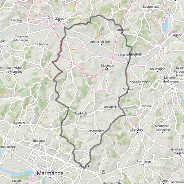 Map miniature of "The Scenic Delights of Virazeil" cycling inspiration in Aquitaine, France. Generated by Tarmacs.app cycling route planner