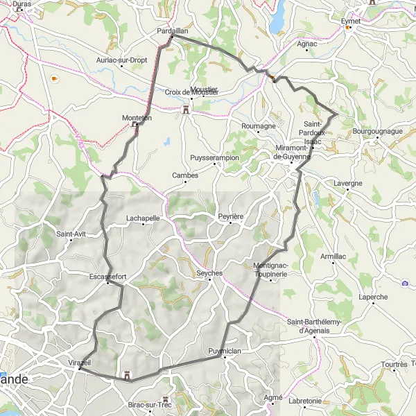 Map miniature of "Scenic Ride to Puymiclan and Beyond" cycling inspiration in Aquitaine, France. Generated by Tarmacs.app cycling route planner